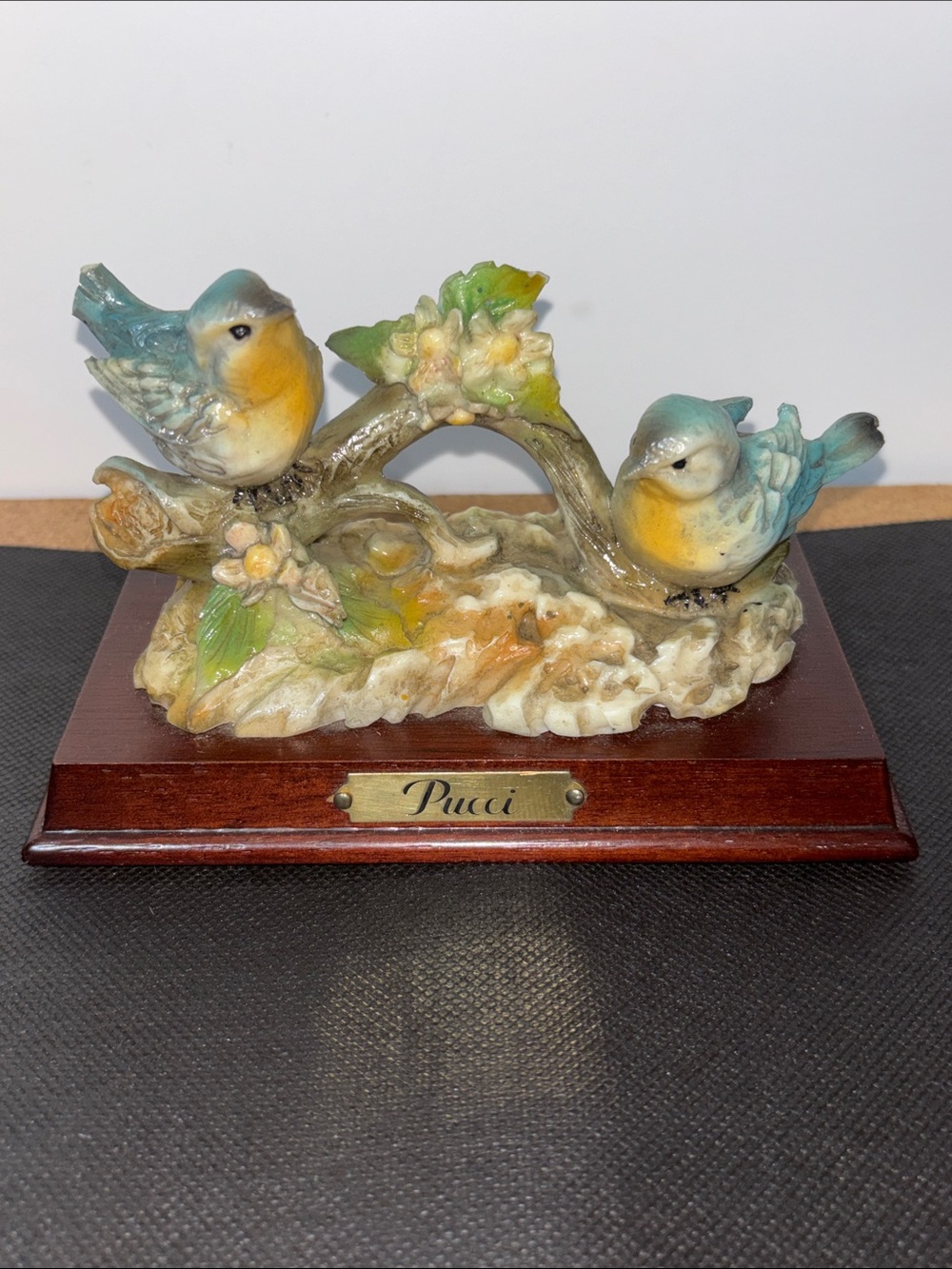 Vintage Blue & Yellow Ceramic Bird Figurine on Wooden Base 6x4”
